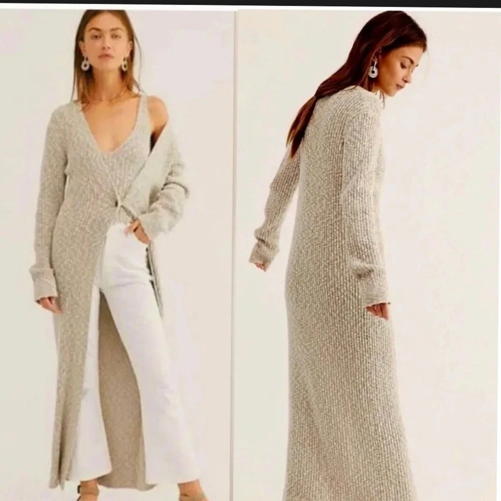 Free People Places to Go Maxi Cardigan Duster Oatmeal Beige Knit Sweater Medium - Picture 1 of 5